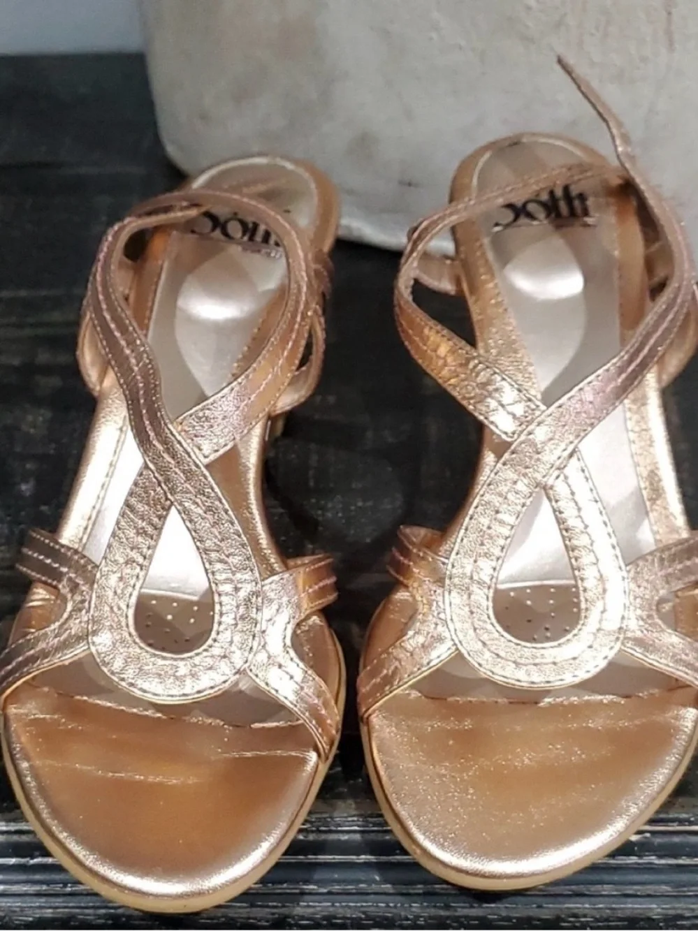 Sofft Metallic Cork Wedge Sandals Leather Rose Gold Paharita Summer Coastal